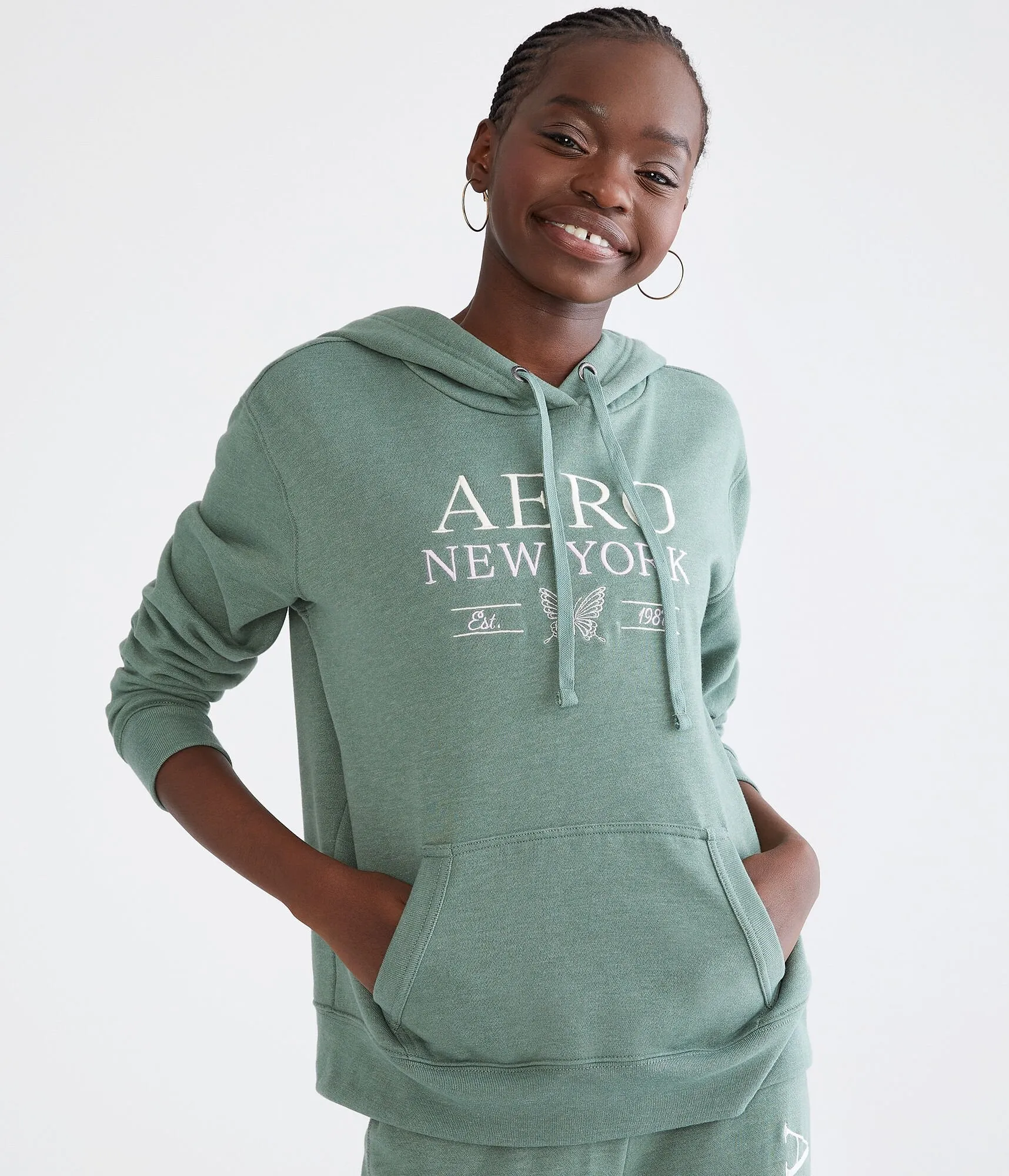 Aeropostale Womens' New York Butterfly Pullover Hoodie - Green - Size S - Cotton - Teen Fashion & Clothing Celery