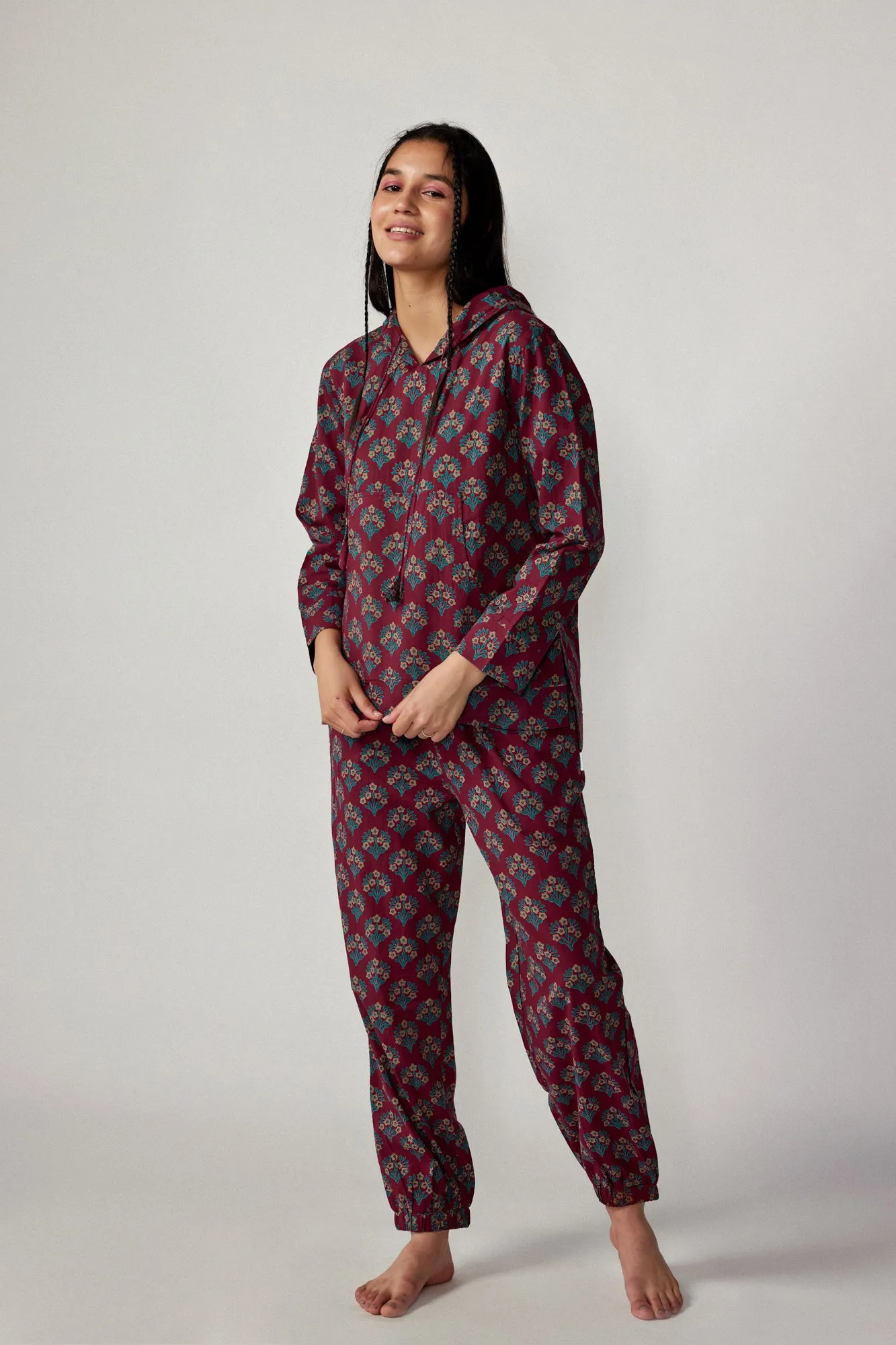 Aloha mora on Maroon Cotton Hoodie Set