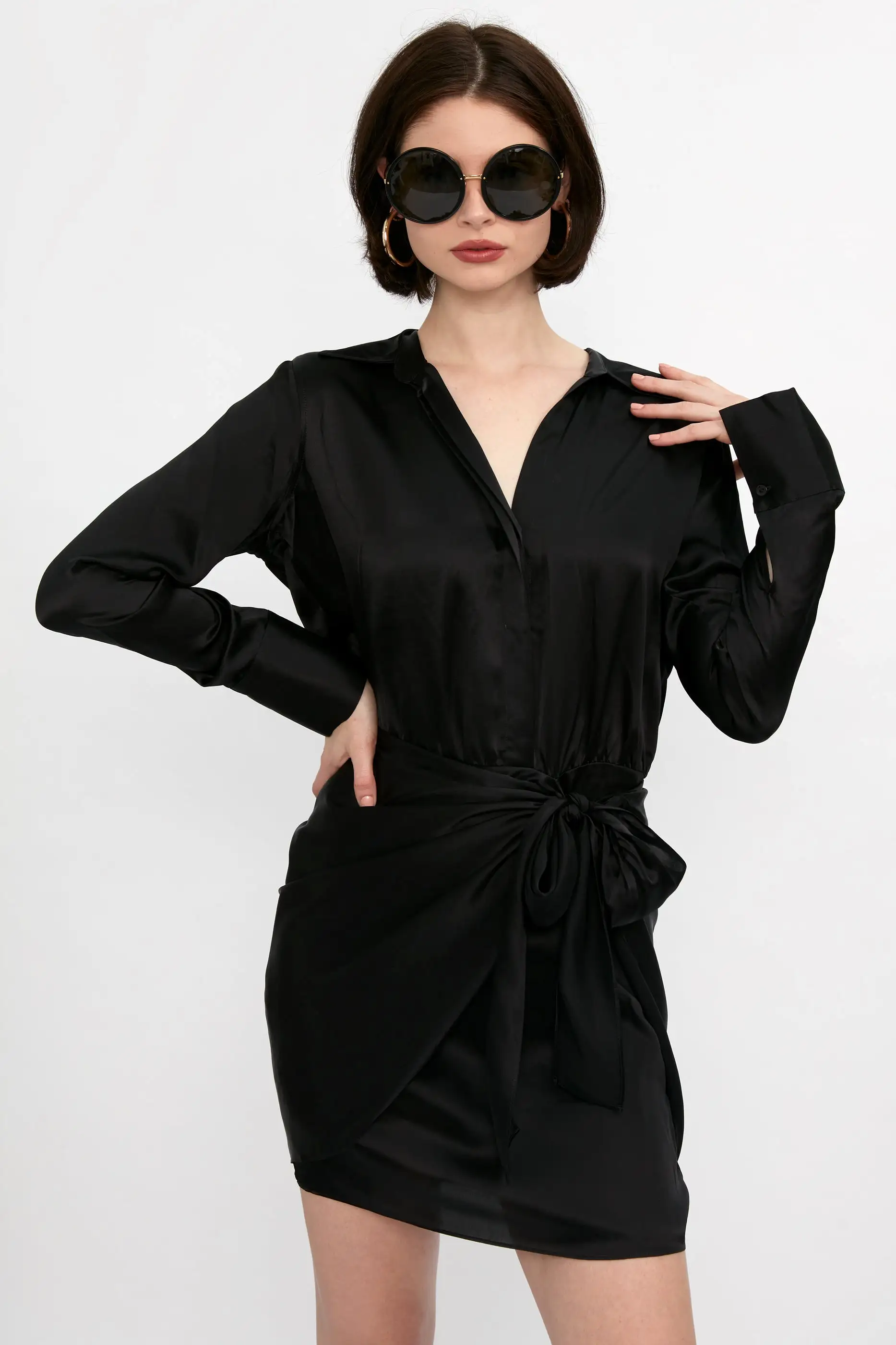 Atlas Silk Satin Wrap Effect Dress in Black