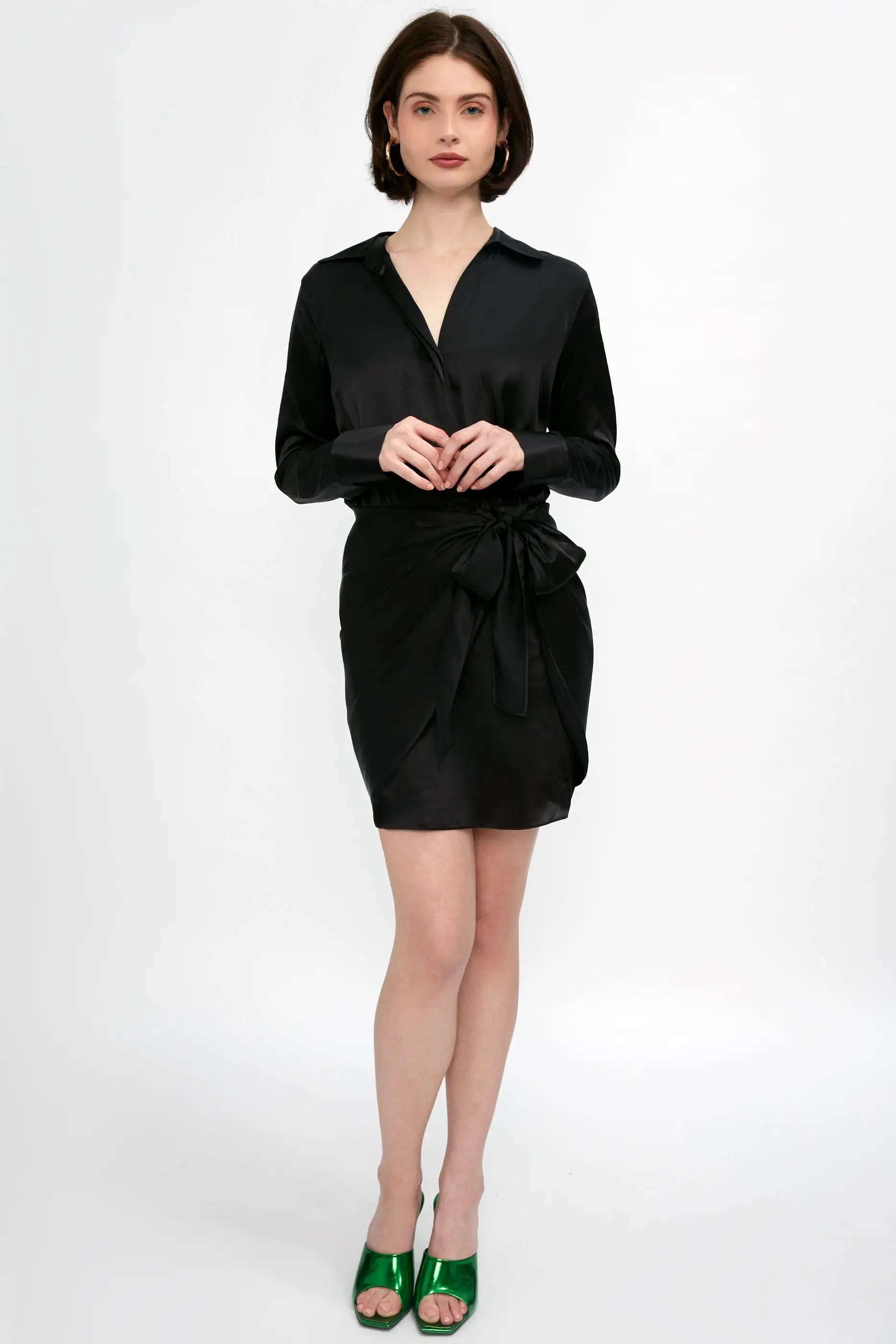 Atlas Silk Satin Wrap Effect Dress in Black