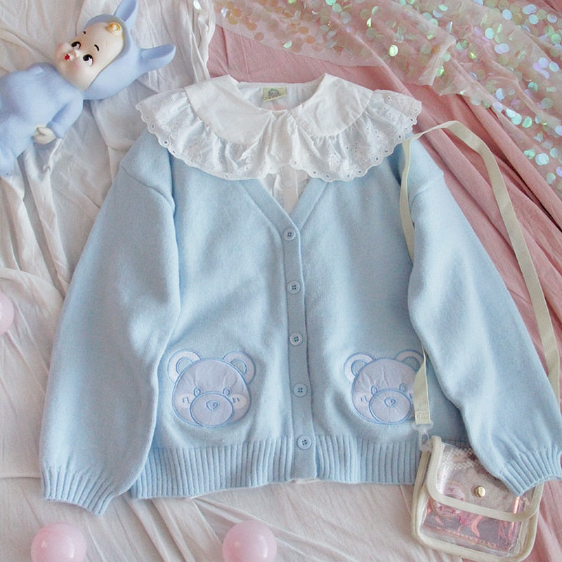 Baby Blue Bear Kawaii Girl Cardigan