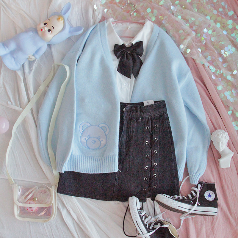 Baby Blue Bear Kawaii Girl Cardigan