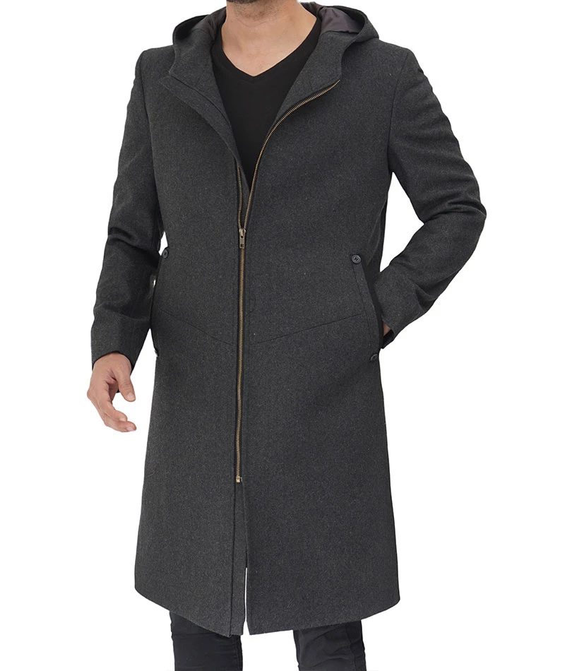 Barry Modern Fit Men's Grey Wool Coat with Hood - Long Winter Outerwear