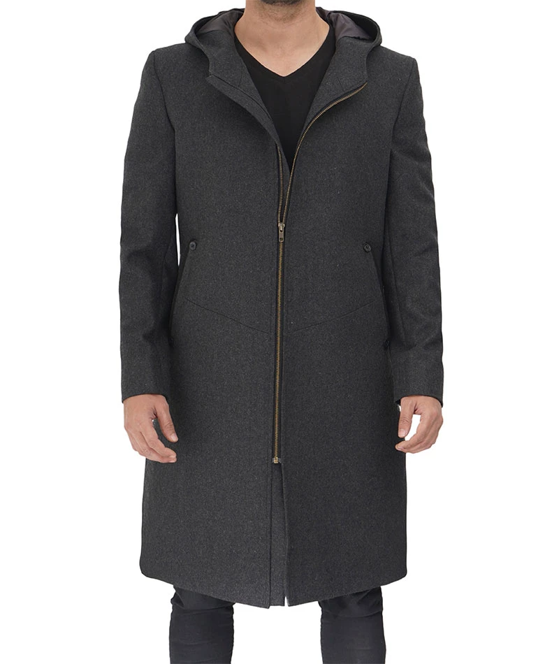 Barry Modern Fit Men's Grey Wool Coat with Hood - Long Winter Outerwear