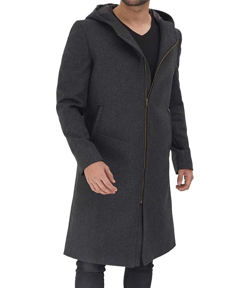 Barry Modern Fit Men's Grey Wool Coat with Hood - Long Winter Outerwear