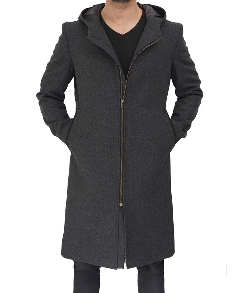 Barry Modern Fit Men's Grey Wool Coat with Hood - Long Winter Outerwear