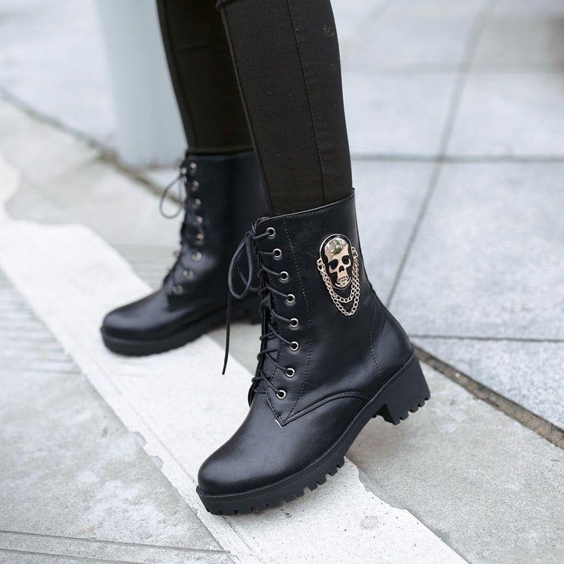 Black Leather Ankle Boots Skull Street Fashion Women's Casual Shoes GCS058