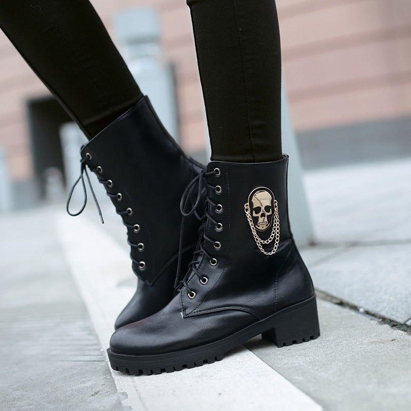 Black Leather Ankle Boots Skull Street Fashion Women's Casual Shoes GCS058