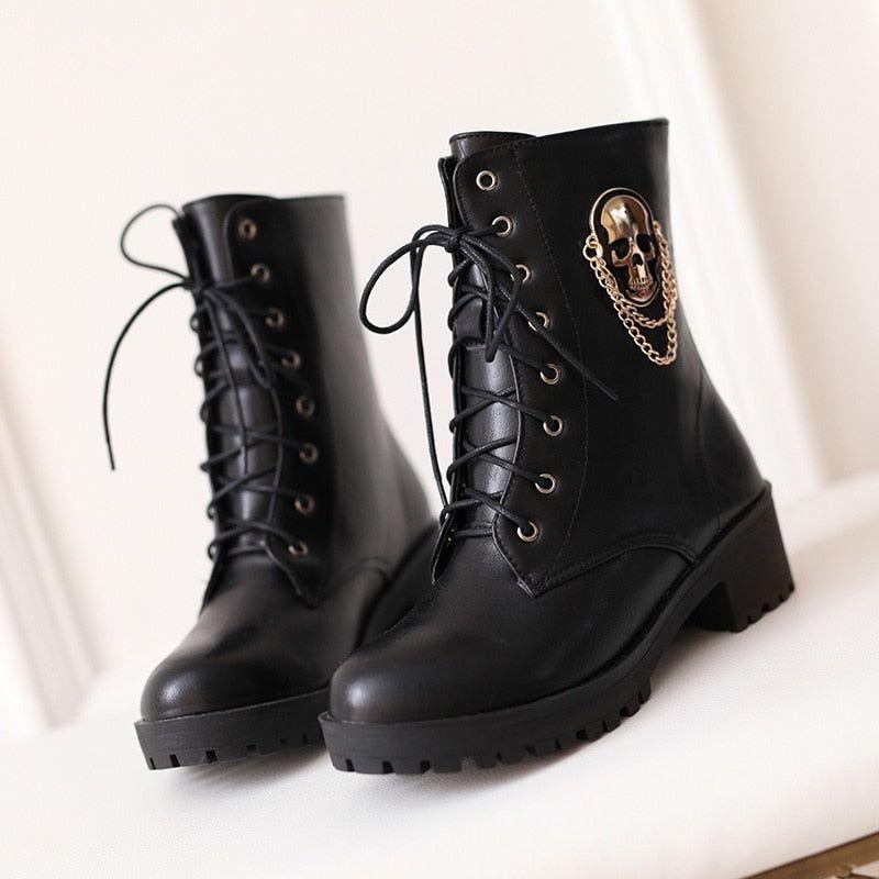 Black Leather Ankle Boots Skull Street Fashion Women's Casual Shoes GCS058