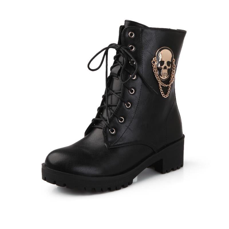 Black Leather Ankle Boots Skull Street Fashion Women's Casual Shoes GCS058