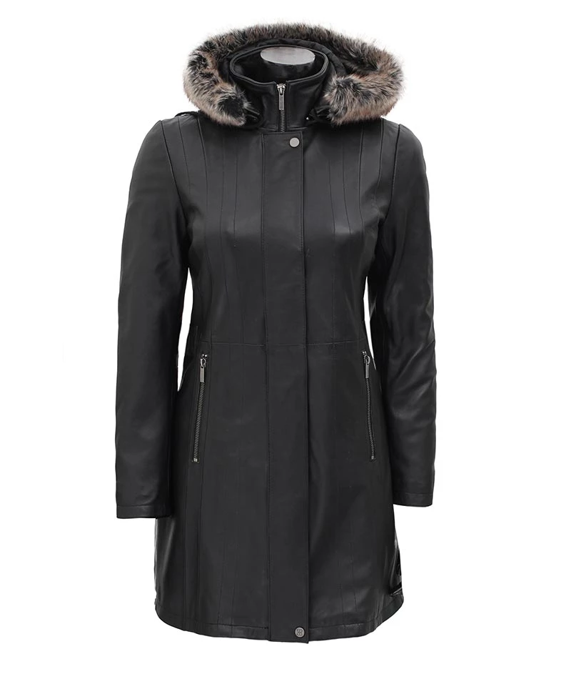 Black Leather Hooded Shearling Coat for Women