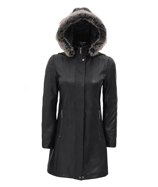 Black Leather Hooded Shearling Coat for Women