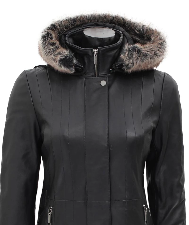 Black Leather Hooded Shearling Coat for Women