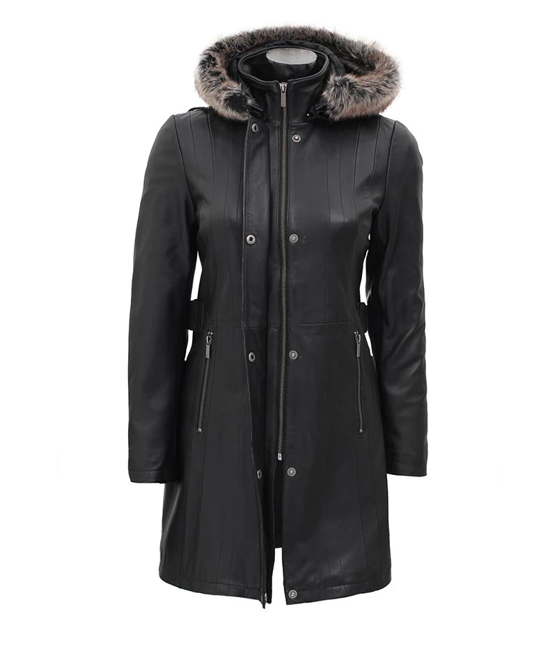 Black Leather Hooded Shearling Coat for Women