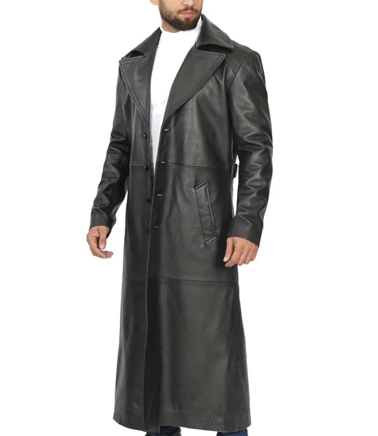 Black Men's Long Leather Duster Coat