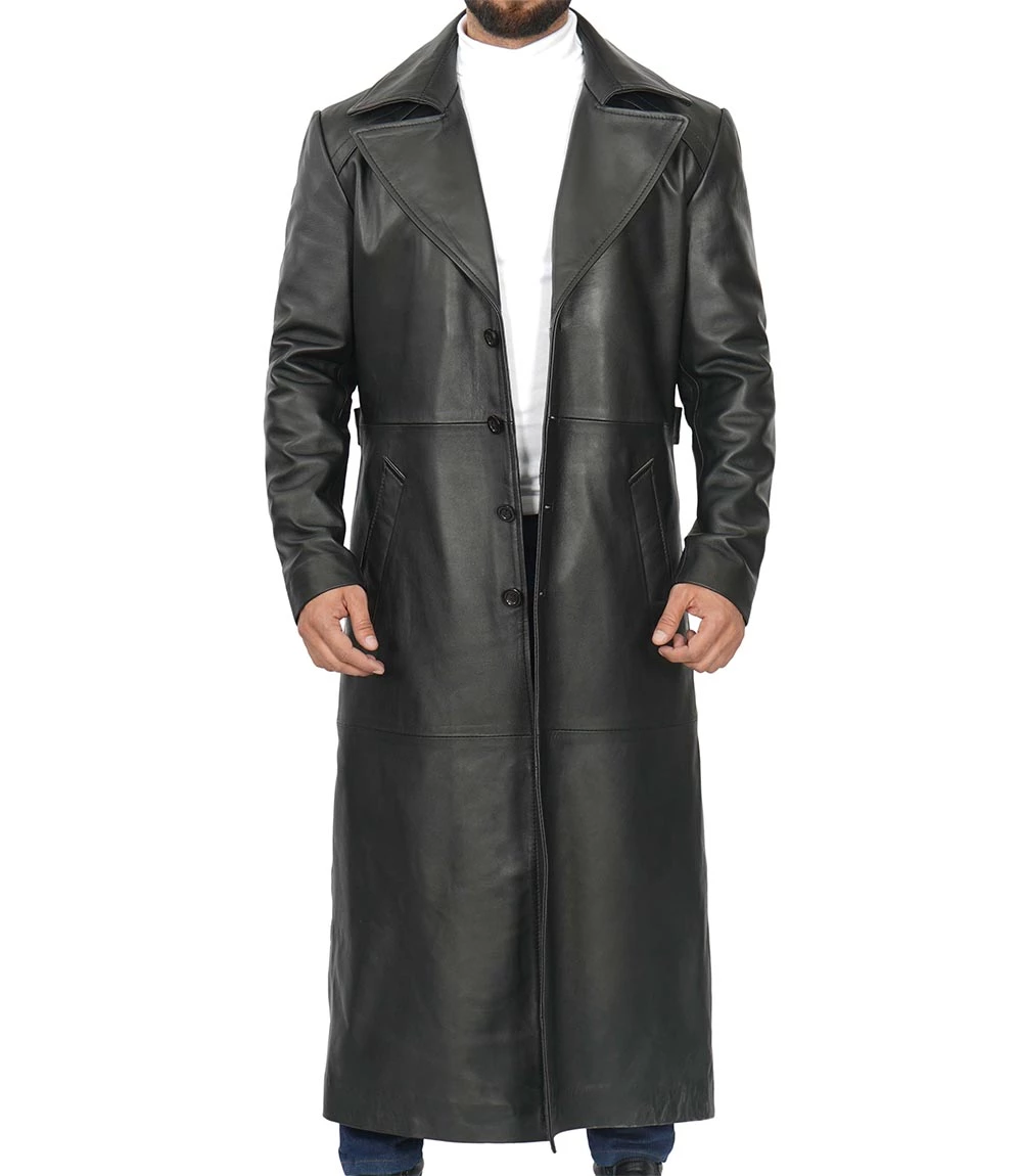 Black Men's Long Leather Duster Coat