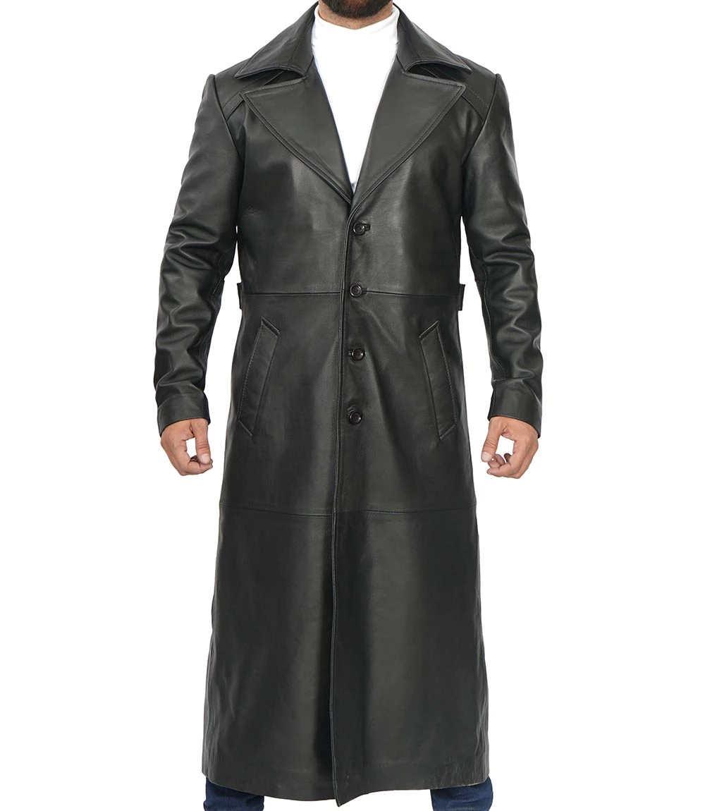 Black Men's Long Leather Duster Coat