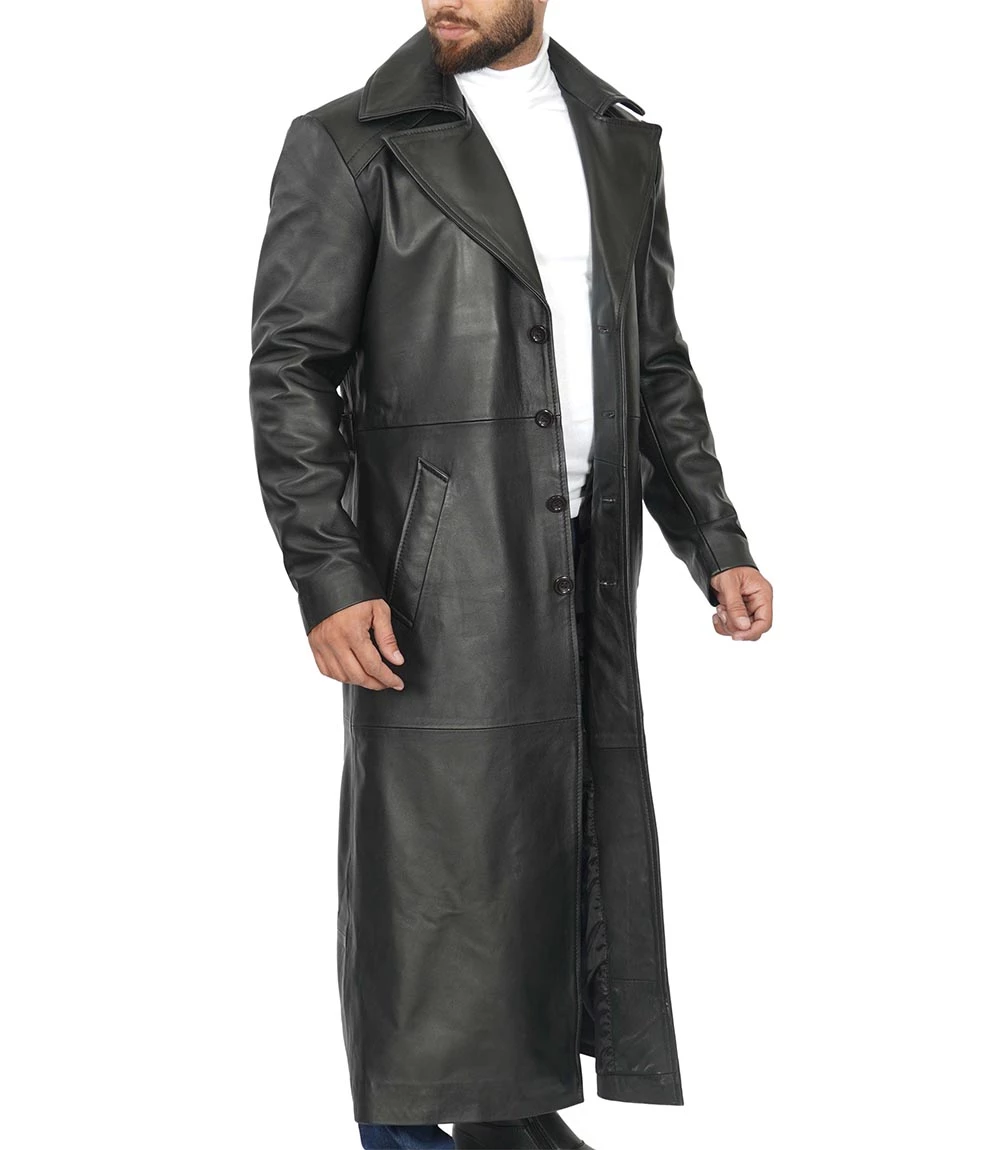 Black Men's Long Leather Duster Coat