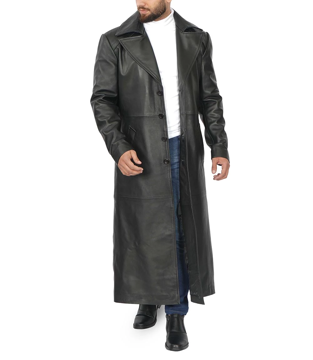 Black Men's Long Leather Duster Coat