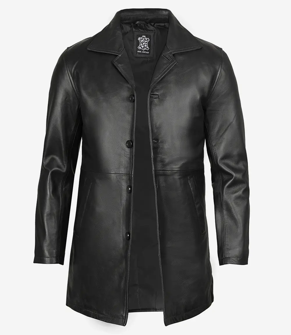 Black Mens 3 4 Length Leather Car Coat