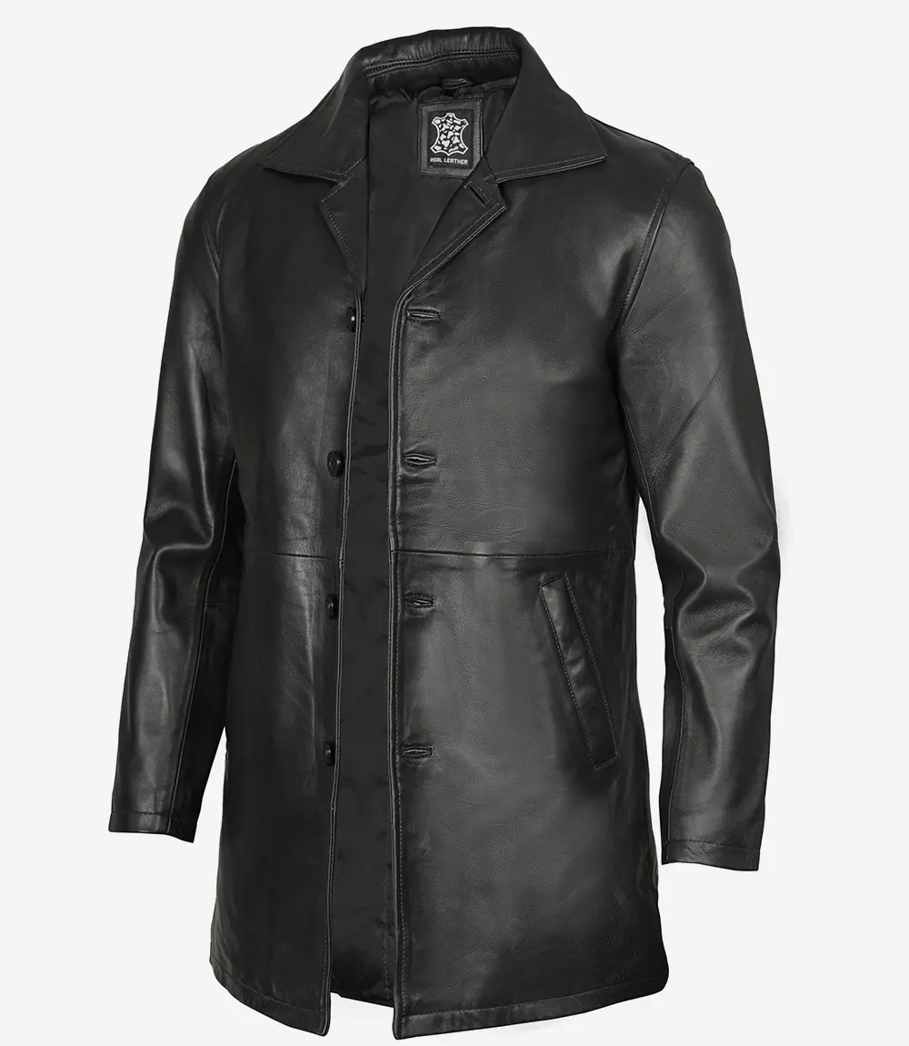 Black Mens 3 4 Length Leather Car Coat