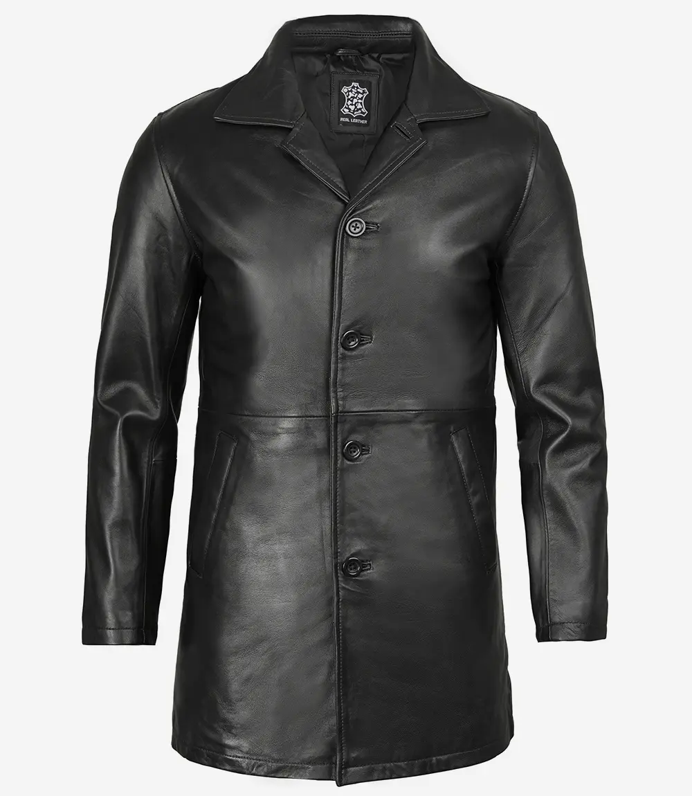 Black Mens 3 4 Length Leather Car Coat