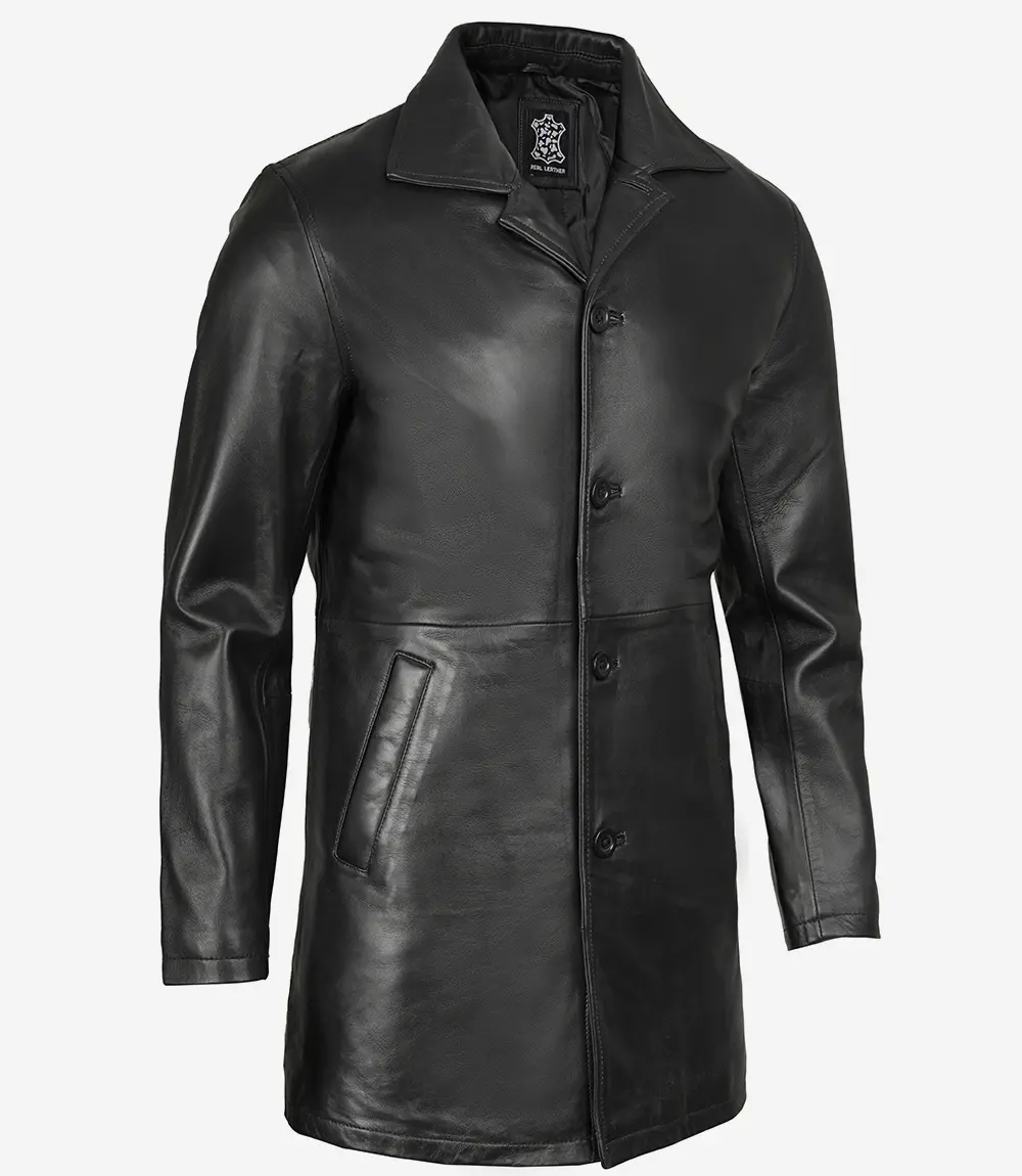 Black Mens 3 4 Length Leather Car Coat