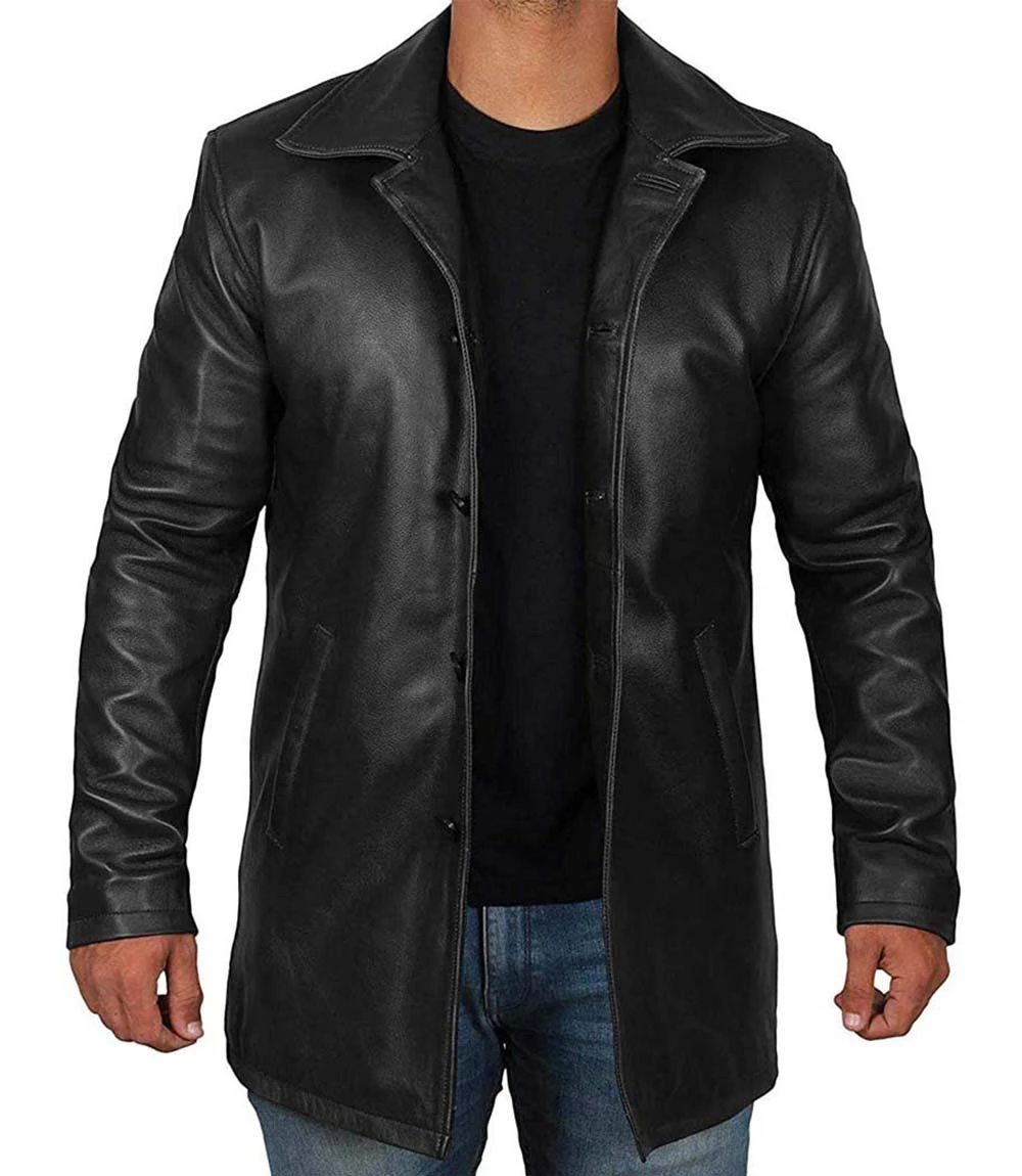 Black Tall Men's 3/4 Length Leather Car Coat