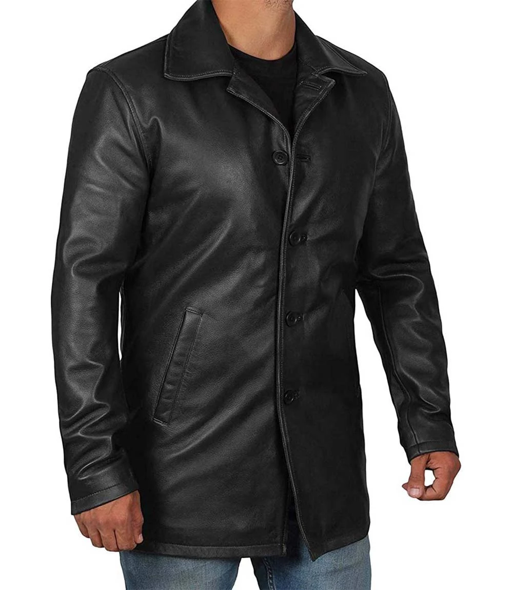 Black Tall Men's 3/4 Length Leather Car Coat