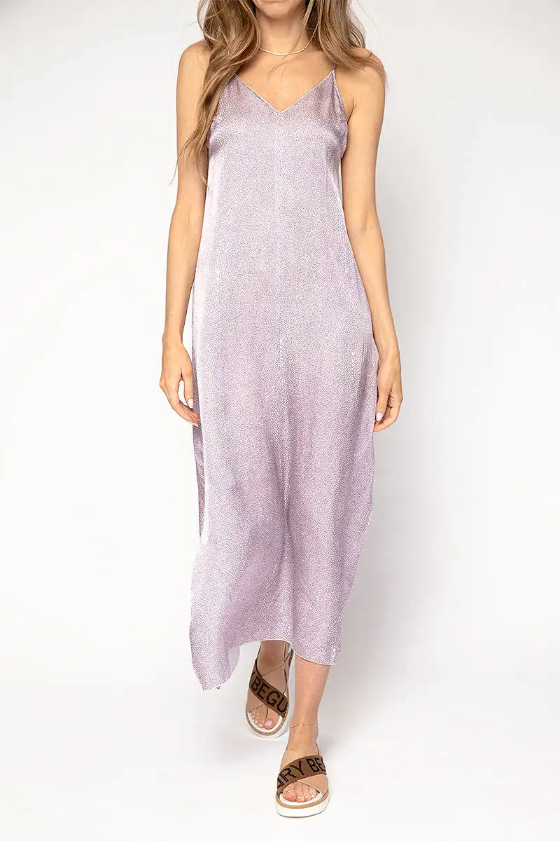 Cloquet Silk Satin Slip Dress in Lilac Twinkle Print