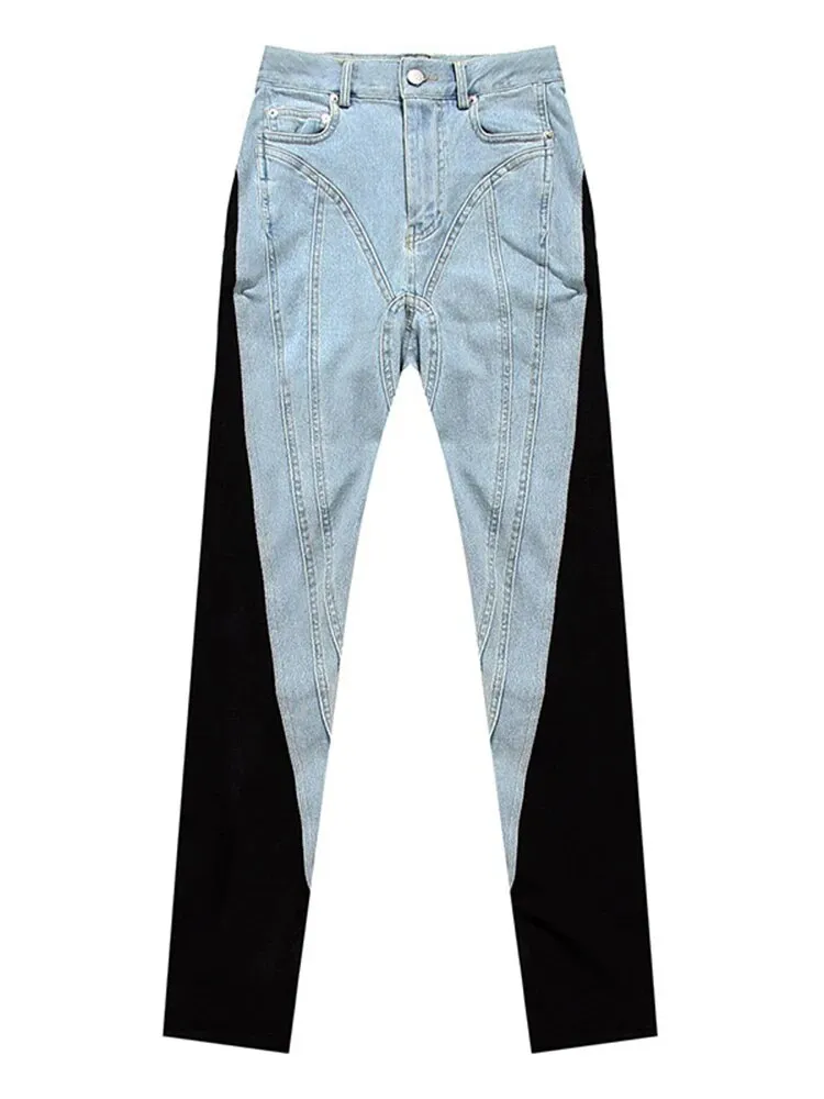 Colorblock Slim Stretch Denim Pencil Pants Women High Waist Casual Slim Jeans Trousers