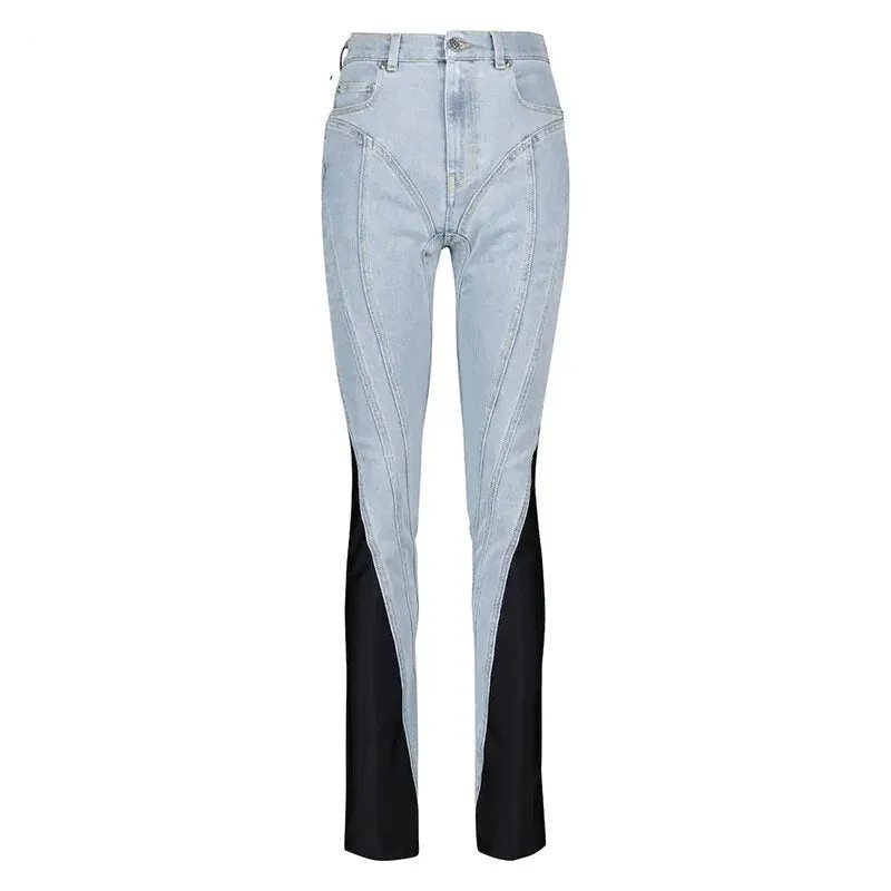 Colorblock Slim Stretch Denim Pencil Pants Women High Waist Casual Slim Jeans Trousers