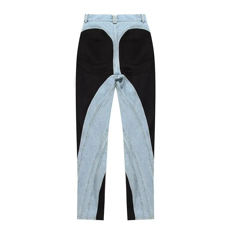 Colorblock Slim Stretch Denim Pencil Pants Women High Waist Casual Slim Jeans Trousers