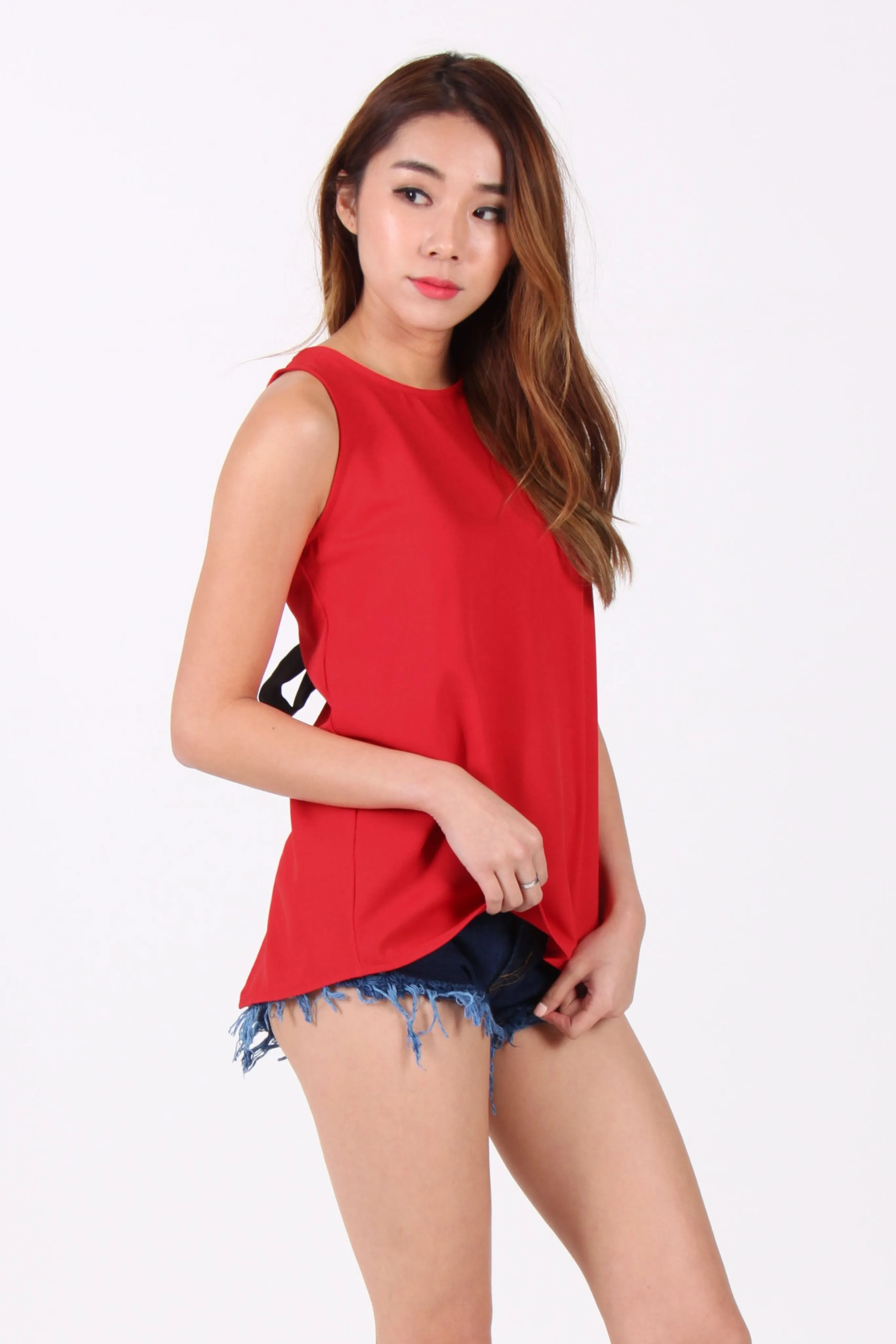 Contrast Ribbon Back Cut-Out Top in Red