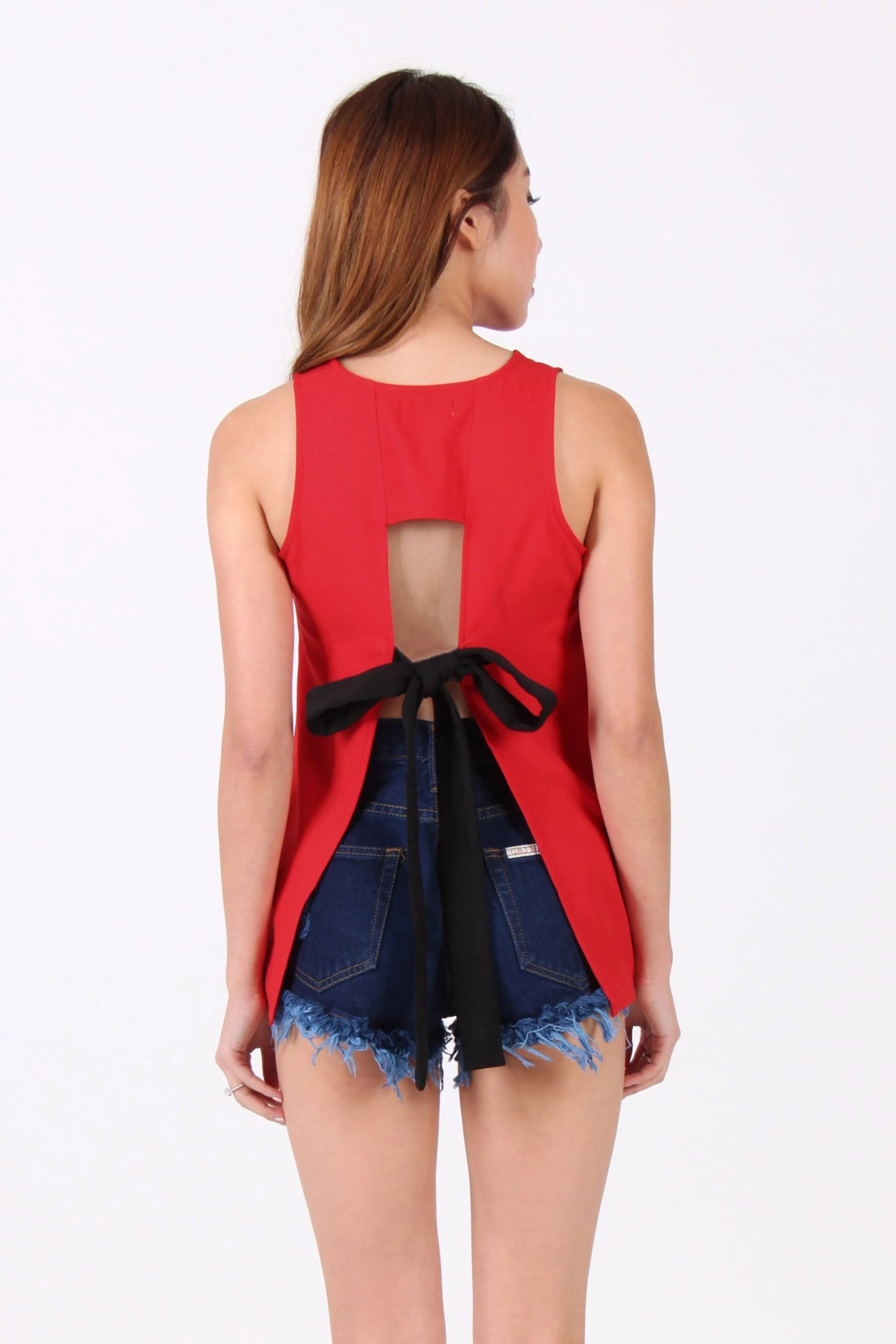 Contrast Ribbon Back Cut-Out Top in Red