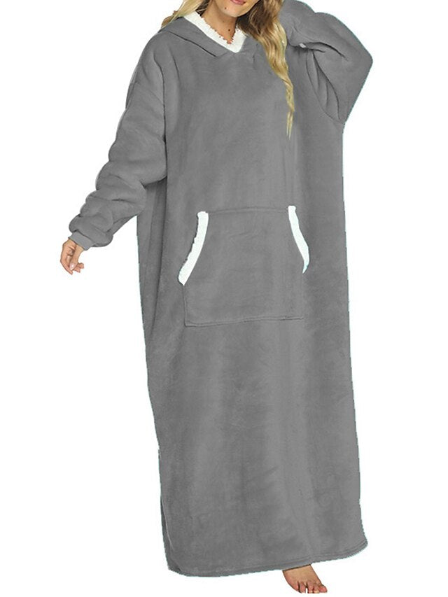 Cozy Women's Lake Blue and Black Plush Hooded Blanket Pajama Set