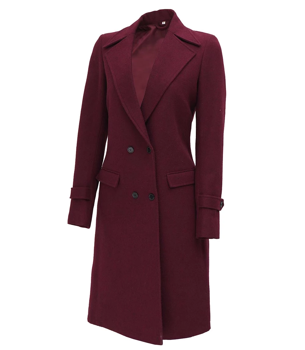 Doris Women's Double Breasted Maroon Wool Coat