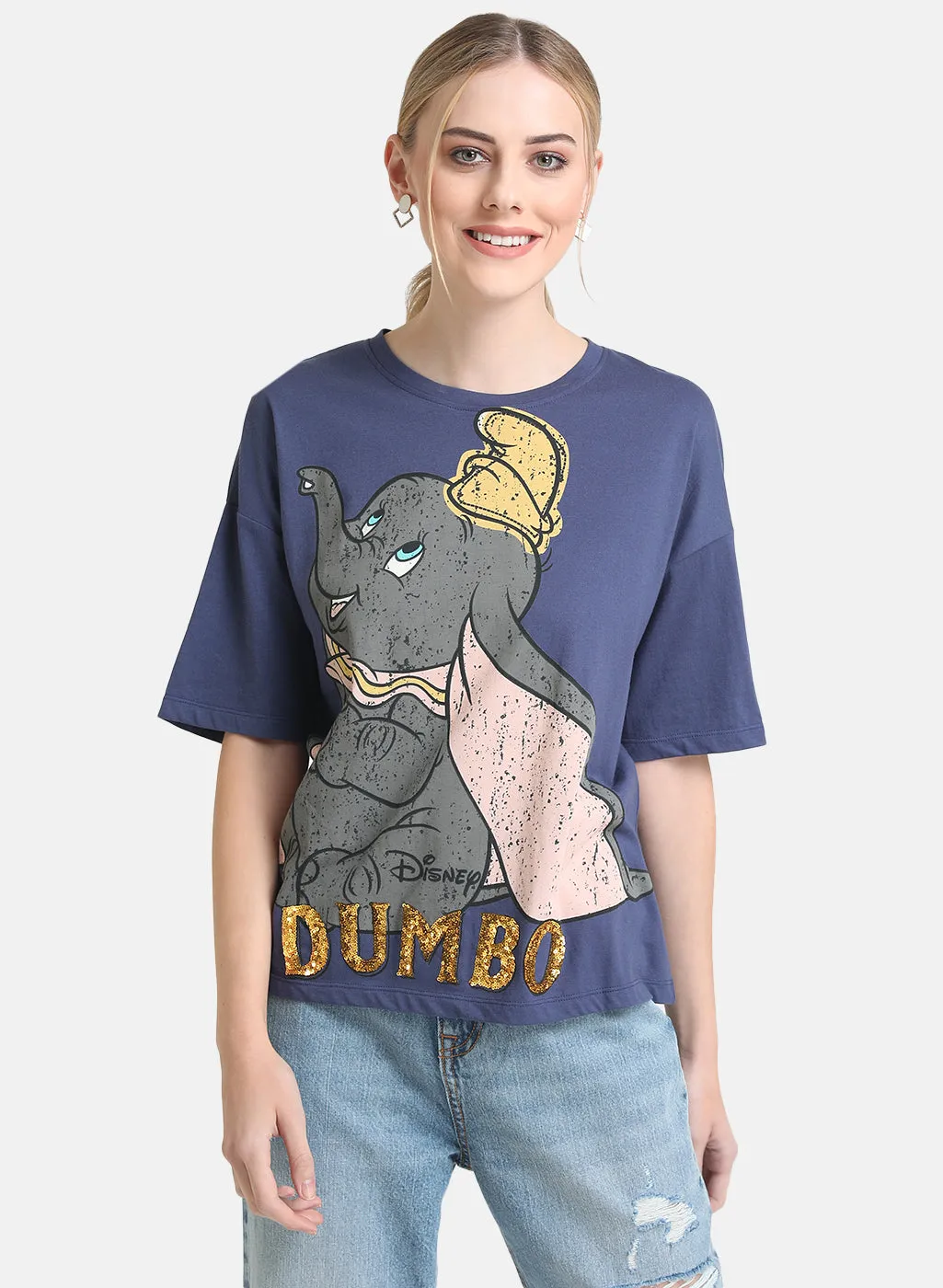 Dumbo Disney Printed Blue T-Shirt With Sequin Work