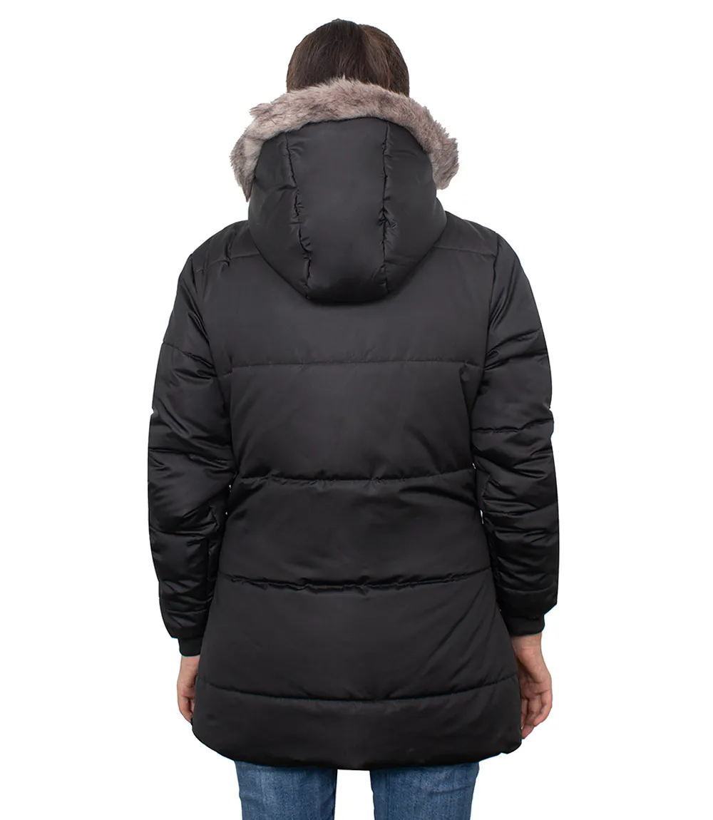 Ella Women's Black Puffer Coat - faux fur trim hood