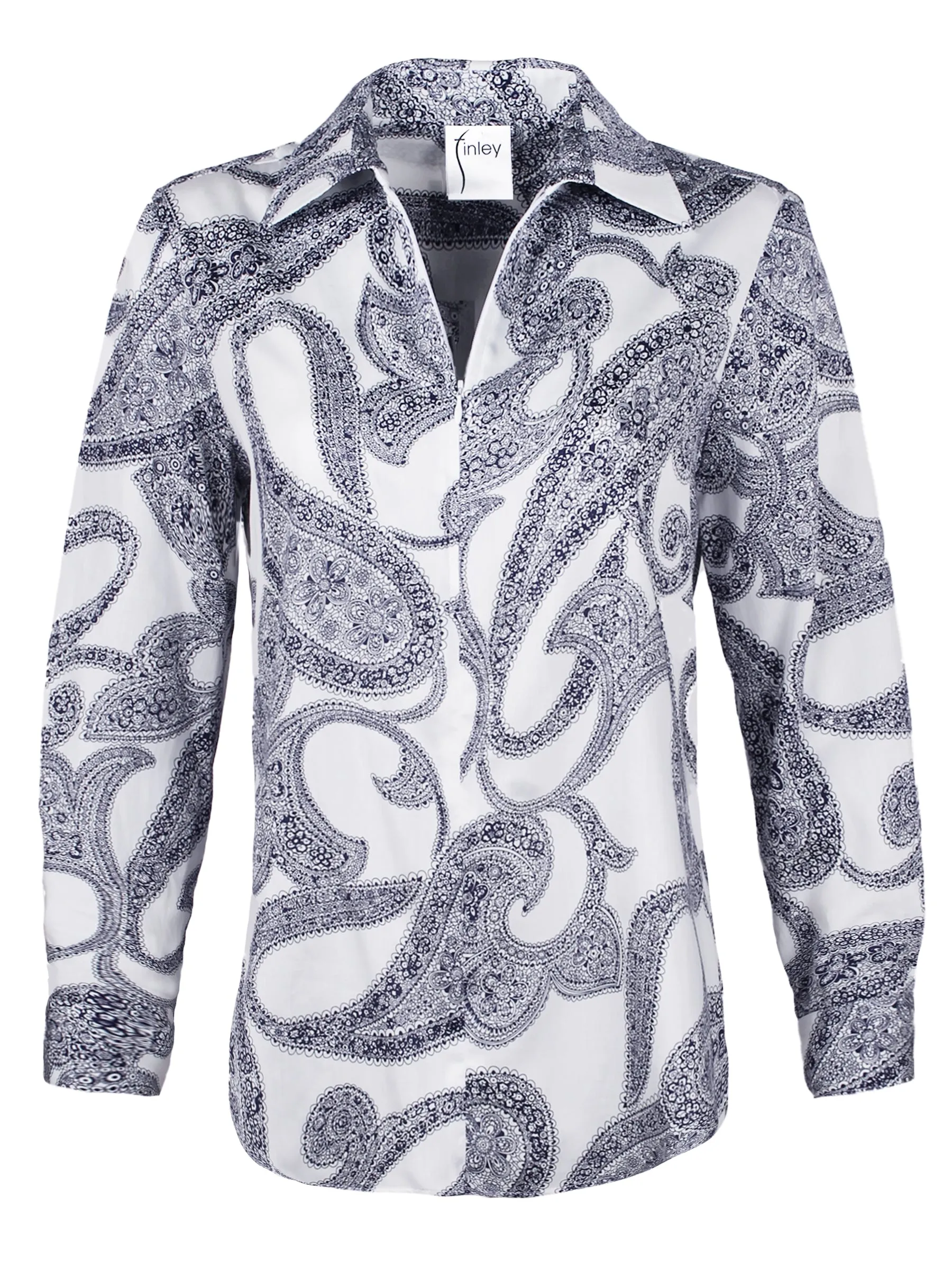 Endora Long Sleeve Half Zip Shirt Navy Etched Paisley Print