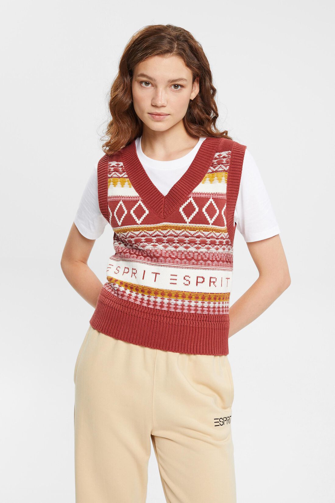 Esprit Fairisle Sweater Vest Cotton Blend In Terracotta