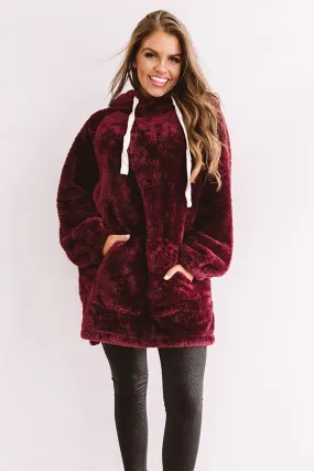 Faux Fur Kangaroo Pocket Hoodie - Burgundy