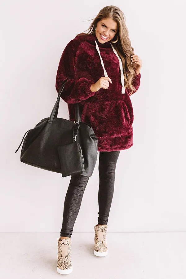 Faux Fur Kangaroo Pocket Hoodie - Burgundy