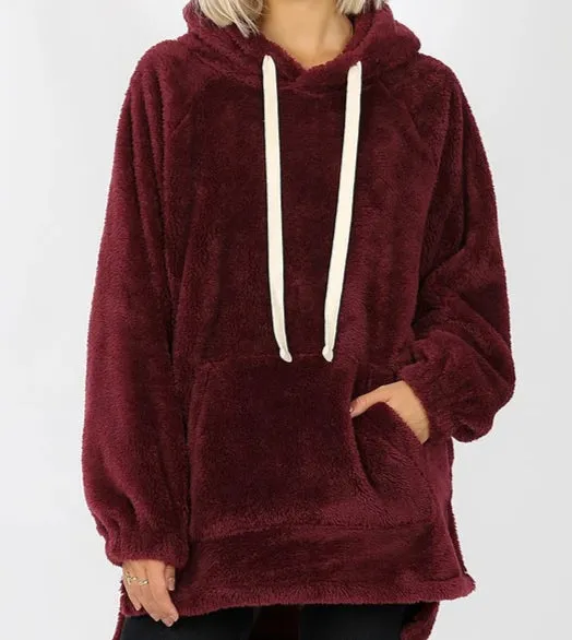 Faux Fur Kangaroo Pocket Hoodie - Burgundy