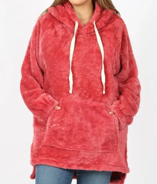 Faux Fur Kangaroo Pocket Hoodie - Rose