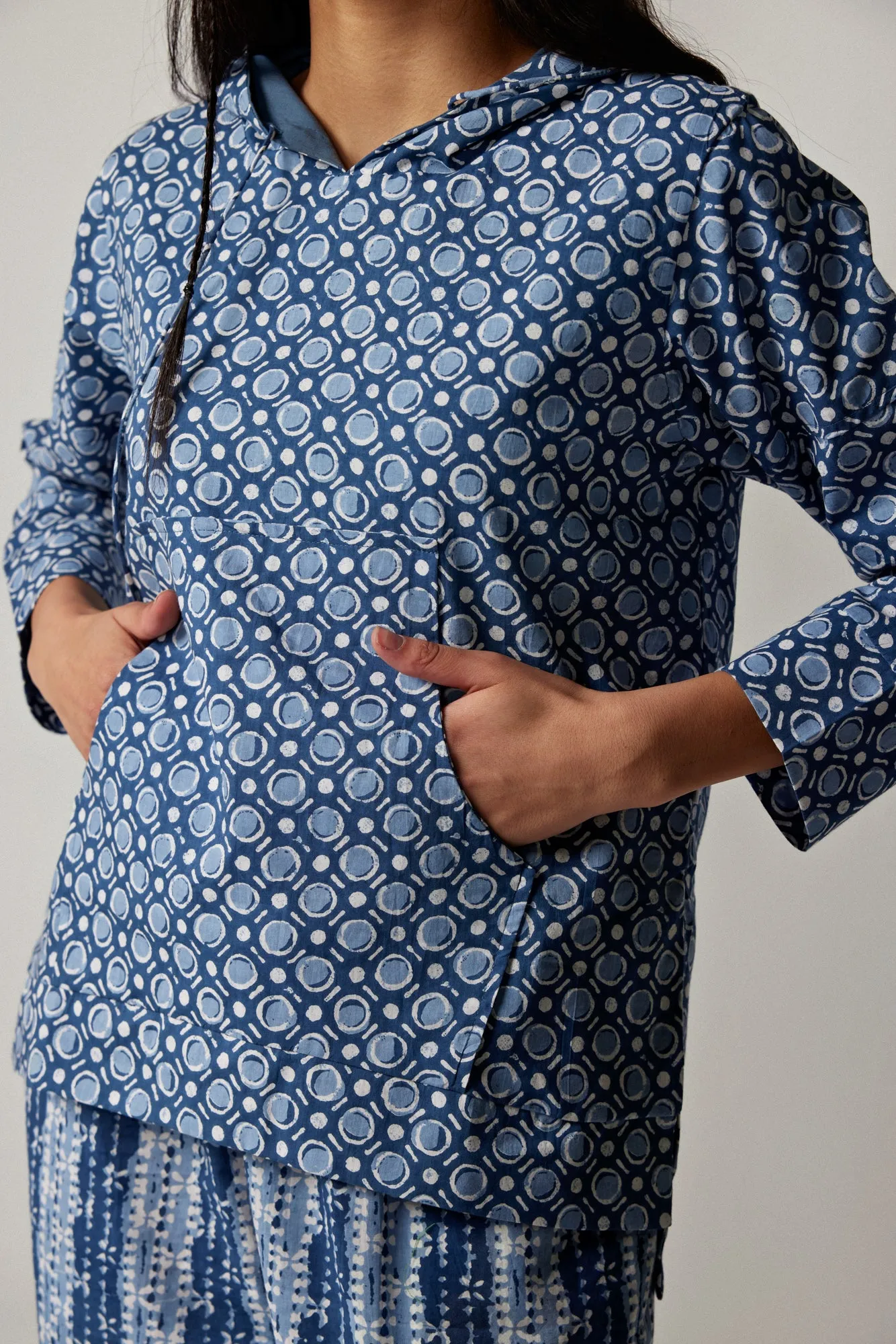 Geometrical Print on Blue Cotton Hoodie Set