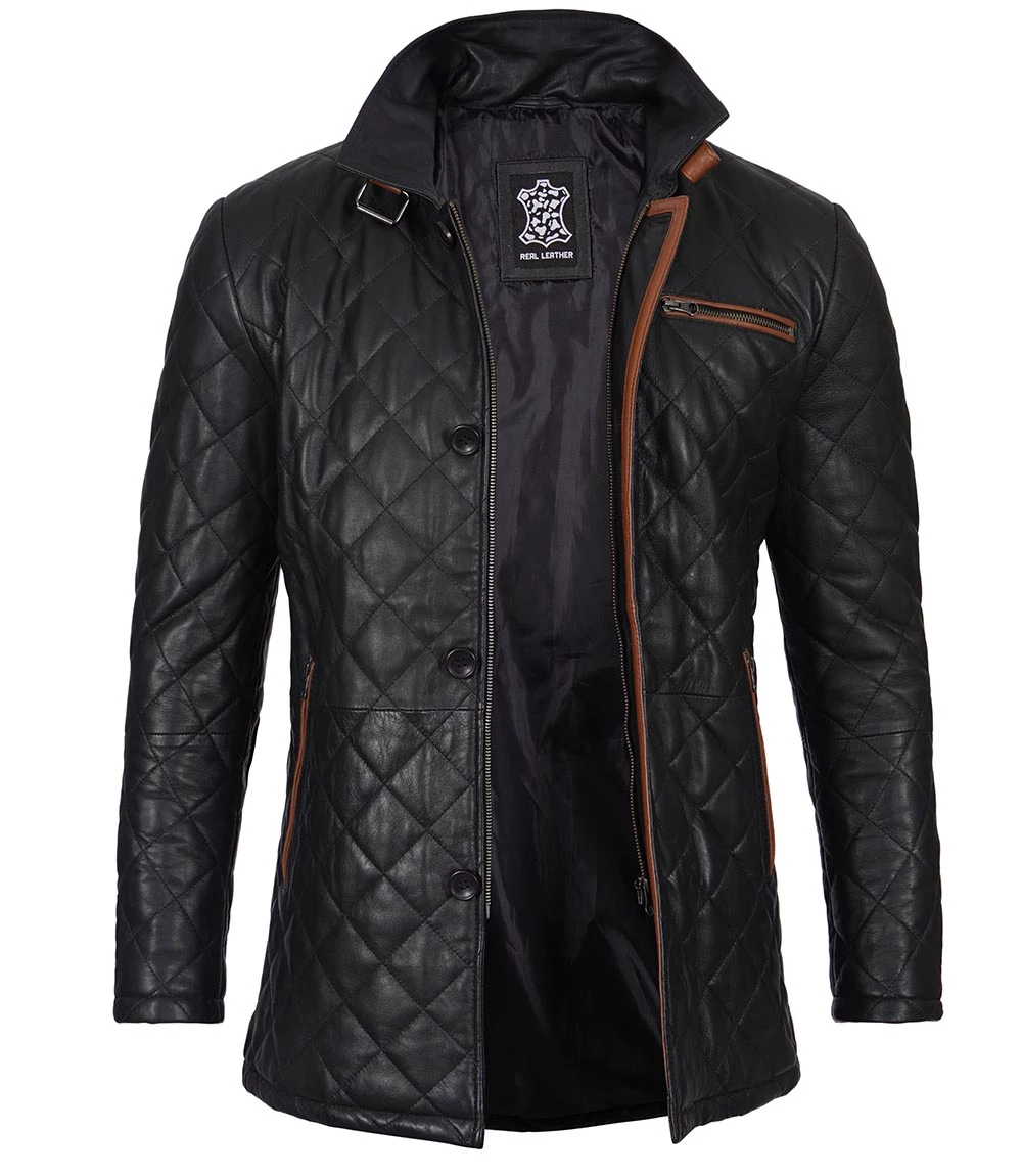 Glen Men Black Quilted Leather Car Coat