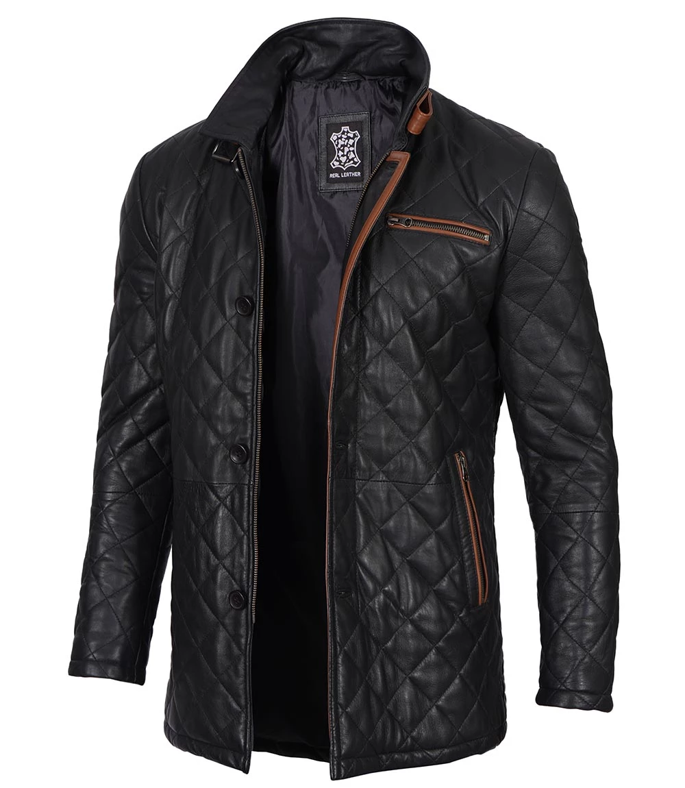 Glen Men Black Quilted Leather Car Coat