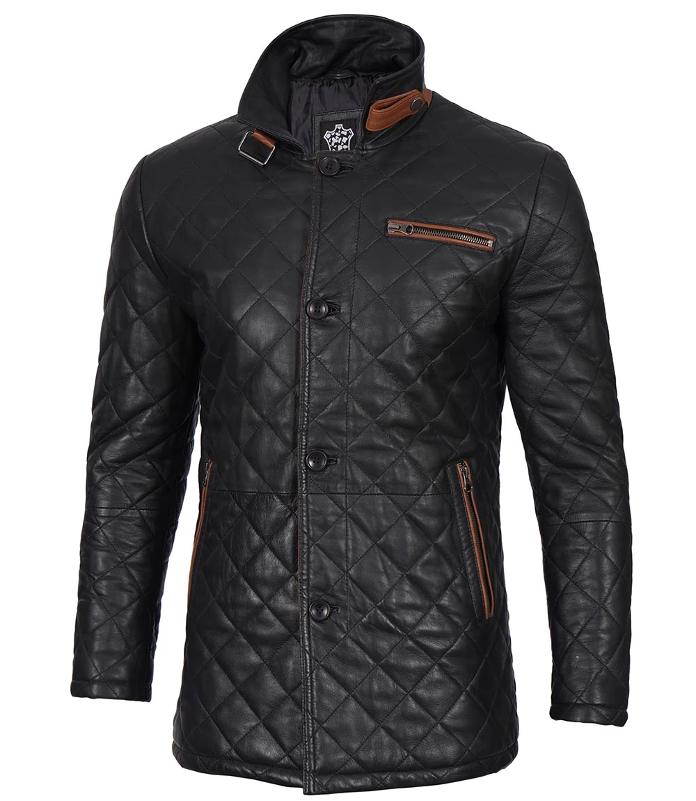 Glen Men Black Quilted Leather Car Coat