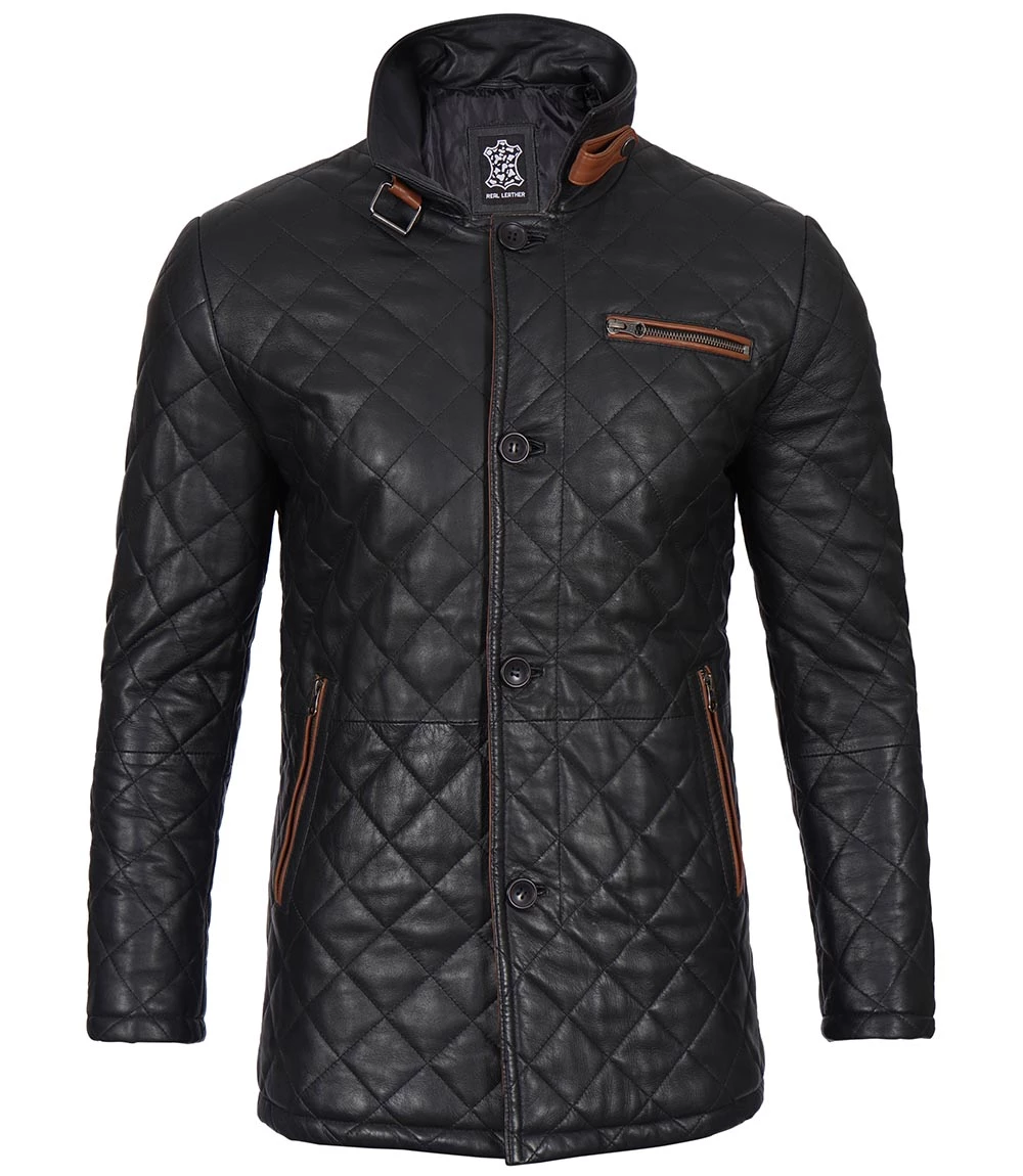 Glen Men Black Quilted Leather Car Coat